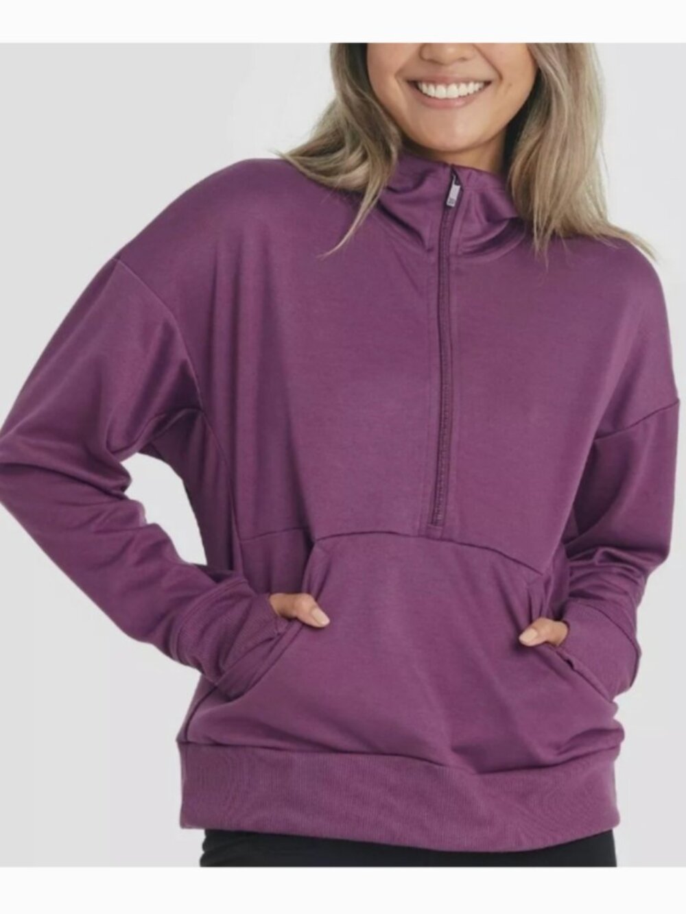 ALL IN MOTION Ponte Half Zip Hoodie Purple 1/2 Zip Thumbholes Boxy Sweatshirt L